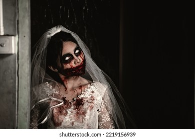 Halloween Festival Concept,Asian Woman Makeup Ghost Face,Bride Zombie Charactor,Horror Movie Wallpaper Or Poster