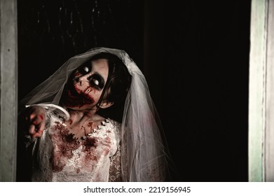 Halloween Festival Concept,Asian Woman Makeup Ghost Face,Bride Zombie Charactor,Horror Movie Wallpaper Or Poster