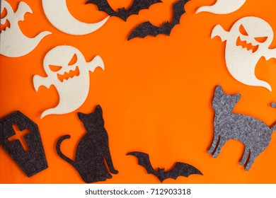 Halloween Flat Lay Scene On Orange Background With Copy Space