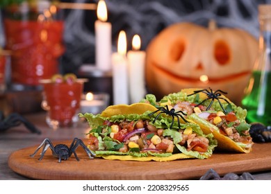 Halloween Food. Mexican Corn Tortilla Tacos With Vegetables And Chicken. Add Some Burning Gustatory Color To Your Party