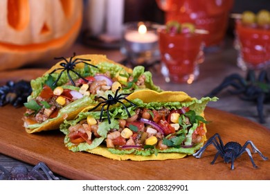 Halloween Food. Mexican Corn Tortilla Tacos With Vegetables And Chicken. Add Some Burning Gustatory Color To Your Party