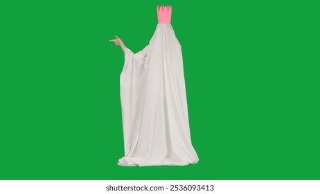 Halloween ghost in white sheet and pink crown posing pointing hand finger at side isolated on chroma key green screen background, full length. Spooky concept. - Powered by Shutterstock