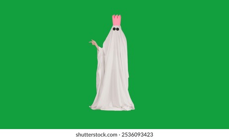 Halloween ghost in white sheet and pink crown posing pointing hand finger at side isolated on chroma key green screen background, full length. Spooky concept. - Powered by Shutterstock