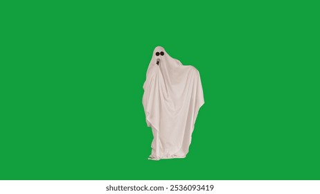 Halloween ghost in white sheet singing in karaoke microphone at camera, isolated on chroma key green screen background, full length. Spooky concept. - Powered by Shutterstock