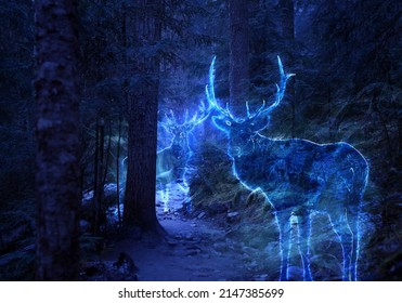 Halloween ghosts and spirits in the forest painted in bright neon