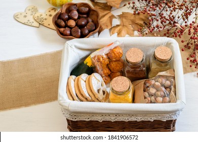 Halloween Gif Box With Spices, Biscuits, Nuts And Pumpkin. Eco Friendly Gift Basket For Holiday, Top View, Flat Lay. 