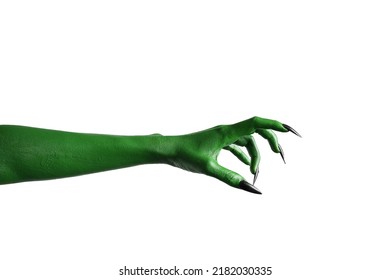 Halloween green color of witches, evil or zombie monster hand isolated on white background. - Shutterstock ID 2182030335