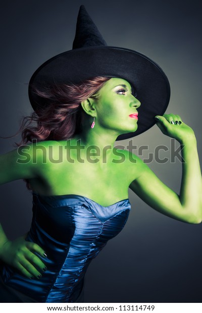 Halloween Green Witch On Grey Background Stock Photo (edit Now) 113114749