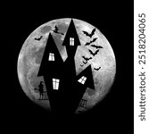 Halloween haunted house on full moon background. Black and white background. halloween night. happy halloween banner.