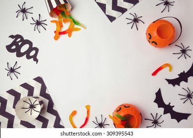 Halloween holiday background and spiders   candy  View from above