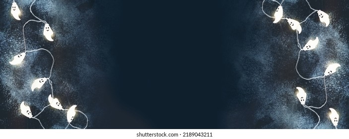 Halloween holiday banner. Halloween composition with light garland with ghosts on a deep blue textured background with copy space. Halloween background - Shutterstock ID 2189043211