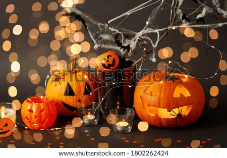 Similar – Foto Bild Spooky carved halloween pumpkin and scary mystery fire ghosts