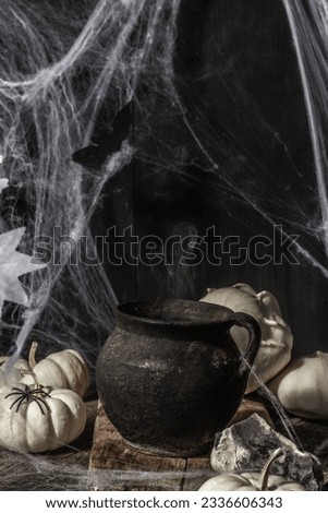 Halloween holiday. Festive composition with witch's pot, pumpkins, bat, ghost, spiders, and cobwebs. Light smoke, black-white tones, festive spirit