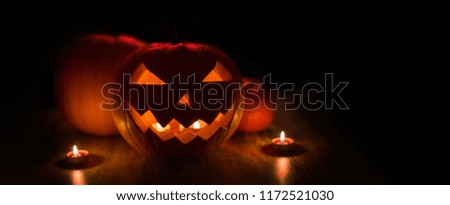 Similar – Foto Bild Spooky carved halloween pumpkin and scary mystery fire ghosts