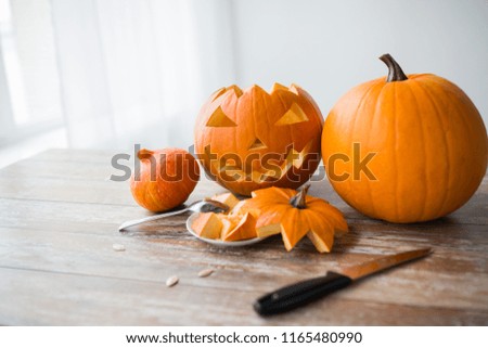 Similar – Foto Bild Spooky carved halloween pumpkin and scary mystery fire ghosts