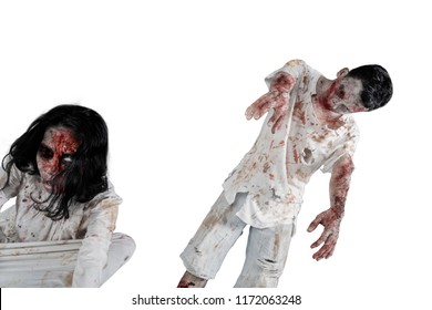 Halloween Horror Concept. Image Of Two Scary Zombies With Bloody Face, Isolated On White Background