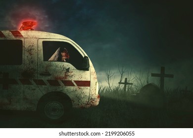 Halloween Horror Concept. Spookyfemale Bride Driving A Blooded Ambulance Car In The Misty Cemetery At Night Time