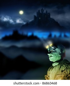 Halloween Image Of A Mad Scientist With Glowing Glasses And A Spooky Night Background With Full Moon