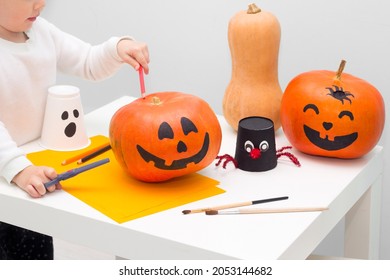 Halloween indoor activity kids craft  Pumpkin painting process  Toddler making Handmade decoration ghost   spider  Reuse concept