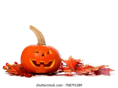 Halloween Jack o Lantern with red autumn leaves border isolated on a white background