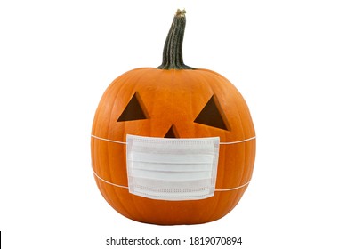 Halloween Jack O'lantern Jackolantern Face Pumplin Wearing A Covered Pandemic Covid-19 Medical Surgery Mask Carved