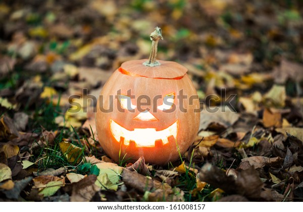 Halloween Jackolantern On Autumn Leaves Stock Photo (Edit Now) 161008157