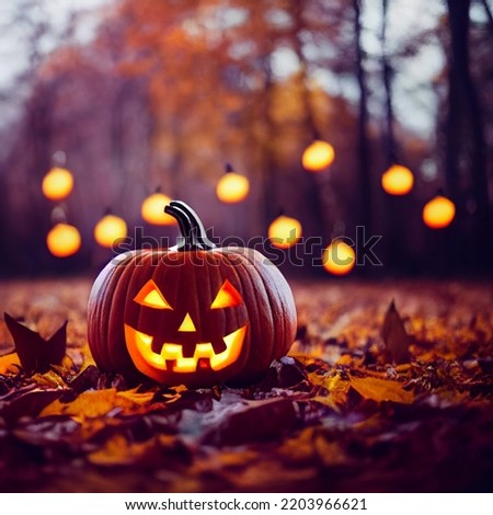 Halloween Jack-o-lantern sitting on the ground with trees and leaves and lights in the background