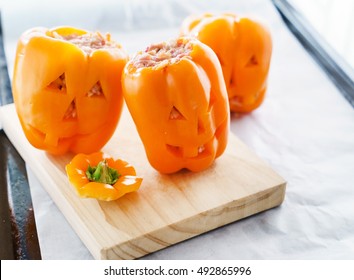 Halloween jack-o-lanterns filled with minced meat - Powered by Shutterstock