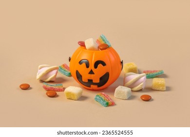 Halloween Jelly Beans. Happy Halloween Party Border Beige Background. Aesthetic Accessories Banner. Spooky Orange Pumpkin Candy Bucket. Modern Holiday Design. Thanksgiving Trendy Fall Poster - Powered by Shutterstock