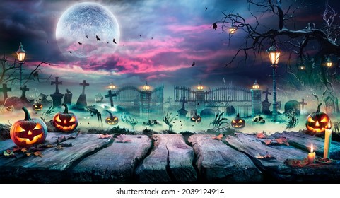 Halloween Landscape - Table And Graveyard In Spooky Night 