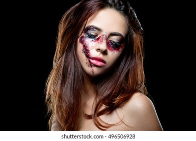 Halloween make up. Zombie girl. Horror. Halloween. Domestic violence.