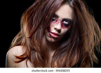 Halloween make up. Zombie girl. Horror. Halloween. Domestic violence.