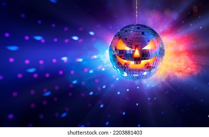 Halloween Mirror Ball In Disco - Pumpkins Face On Sphere In Nightclub With Smoke And Defocused Abstract Lights - Shutterstock ID 2203881403