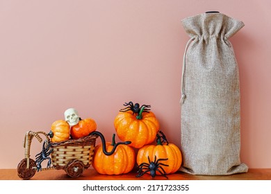 Halloween Mockup With Wine Bag Blank With Pupkin And Spiders. Wine Bag Mock Up Horror Decoration. Fall Holiday Mock Up.