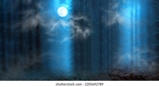 Halloween mystery landscape. Dark foggy forest in fullmoon night. Mysterious woods in all saints day with silhouettes of trees and beams of light coming from sky down to the ground. 