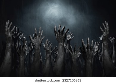 Halloween night background of numerous scary and creepy zombie hands rising from dark shadows, creating a spooky atmosphere ideal for horror themed celebrations and events