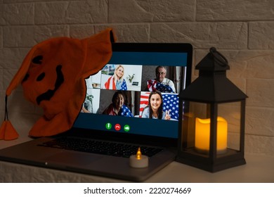 Halloween Online Virtual Holiday Remote Celebration Halloween In Lockdown Home Quarantine Covid 19 New Normal, Social Distance, Remote Communication, Stay Home Vocation Halloween.