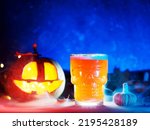 Halloween party banner. Beer mug in the shape of a skull, carved pumpkin lantern, neon backlight background