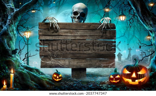 Halloween Party Card - Pumpkins And
Skeleton In Graveyard At Night With Wooden Board
