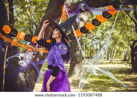 Halloween party concept, mysterious girl in black lace handmade dress. Beautiful young dark witch woman. Inspiration for halloween celebration, ideas and simple nice detail 