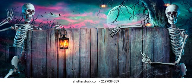 Halloween Party - Skeletons With Wooden Banner In Spooky Nights