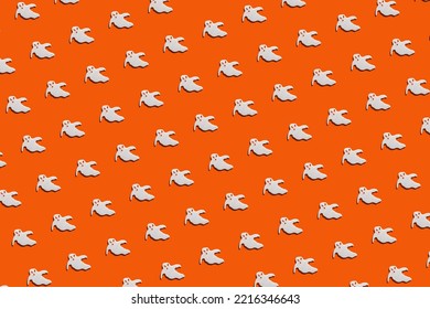 halloween pattern cute spooky ghost on orange background. banner, horizontal
