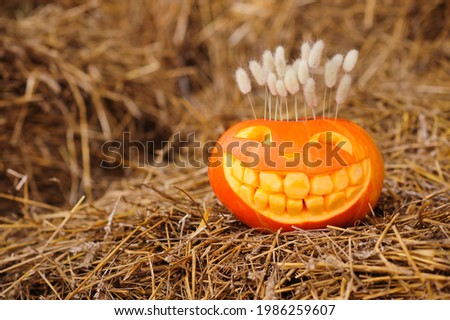 Halloween pumpkin with carved eyes and a toothy smile and a tuft of dry grass among the straw.