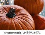 Halloween, pumpkin or close up on porch for decoration, display or bokeh light for celebration. Organic vegetables, Thanksgiving food or dessert ingredient in fall for vitamin A, nutrition or fiber