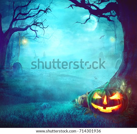 Halloween Pumpkin in Dark Forest. Halloween Background. Halloween Pumpkin with Graveyard