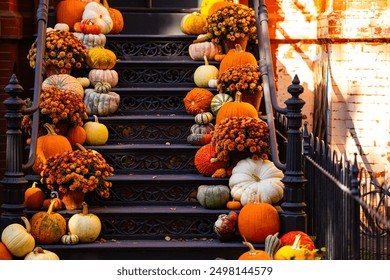 Halloween pumpkin decorations. Pumpkin for decorated house. Halloween Decorated at front yard of a American home. Halloween decorated front door with pumpkins. Autumn holiday of Halloween. - Powered by Shutterstock