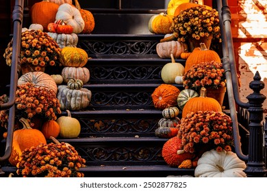 Halloween pumpkin decorations. Pumpkin for decorated house. Halloween Decorated at front yard of a American home. Halloween decorated front door with pumpkins. Autumn holiday of Halloween. - Powered by Shutterstock