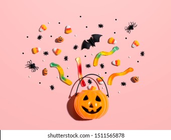 Halloween Pumpkin With Decorations - Overhead View Flat Lay
