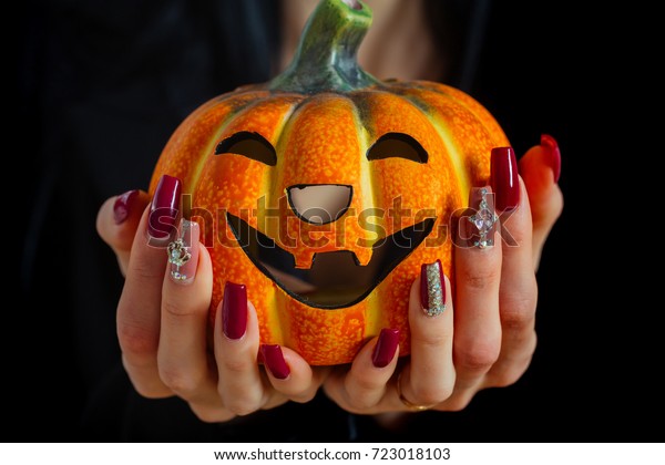 Halloween Pumpkin Female Hands On Black Stock Photo Edit Now 723018103