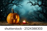 halloween pumpkin head jack lantern with burning candles, Spooky Forest with a full moon and wooden table, Pumpkins In Graveyard In The Spooky Night - Halloween Backdrop